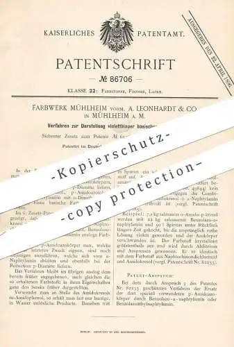 original Patent - Farbwerk Mühlheim vorm. A. Leonhardt & Co. Mühlheim / Main , 1893 , violettblauer basischer Farbstoff