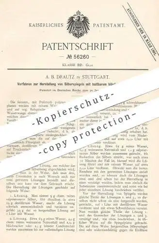 original Patent - A. B. Drautz , Stuttgart , 1890 , Silberspiegel mit bläulichem Farbton | Spiegel , Glasspiegel , Glas