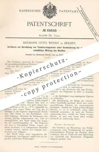 original Patent - Hermann Otto Wendt , Bremen 1891 , Verminderung der Schädigung durch Nikotin bei Zigaretten , Zigarren