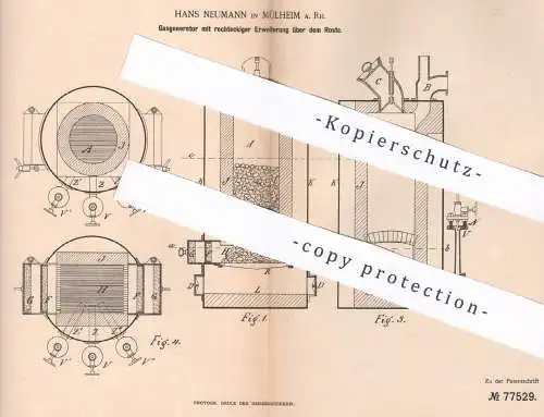 original Patent - Hans Neumann , Mülheim , 1893 , Gasgenerator | Gas - Generator , Brenner , Koks , Kohle , Generatoren