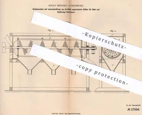 original Patent - Adolf Brzesky , Pressburg , 1883 , Sichtmaschine für Mehl , Körner , Getreide | Mühle , Mühlen !!