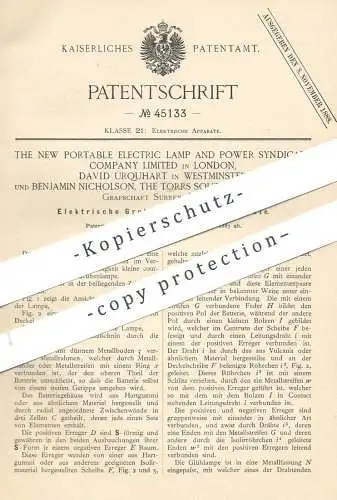 original Patent - Portable electric lamp power syndicate Comp. Ltd. London | David Urquhart | B. Nicholson | Grubenlampe