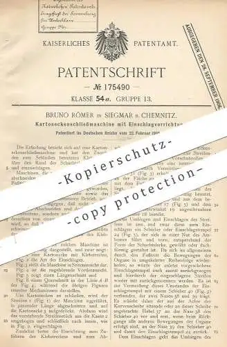 original Patent - Bruno Römer , Siegmar / Chemnitz , 1905 , Schließmaschine für Kartonecken | Schachtel | Pappe , Karton