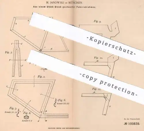 original Patent - M. Janowski , München , 1898 , aus Blech gestanzter Fahrradrahmen | Fahrrad - Rahmen | Fahrräder , Rad