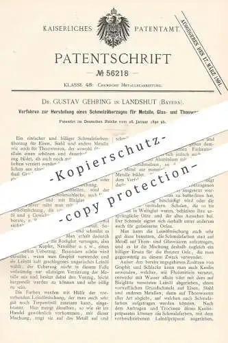 original Patent - Dr. Gustav Gehring , Landshut , 1890 , Schmelzüberzug für Metall , Glas , Ton , Eisen , Stahl !!!