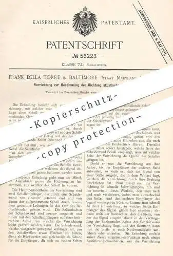 original Patent - Frank Della Torre , Baltimore , Maryland , USA , 1890 , Bestimmung der Richtung akustischer Signale