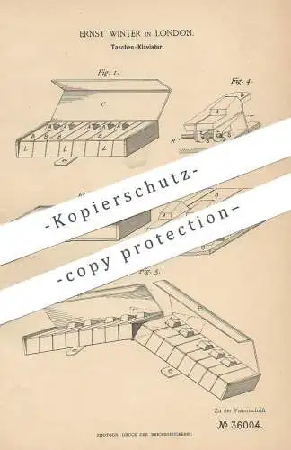 original Patent - Ernst Winter , London , England , 1885 , Taschen - Klaviatur | Klavier , Piano , Tastatur , Musik !!