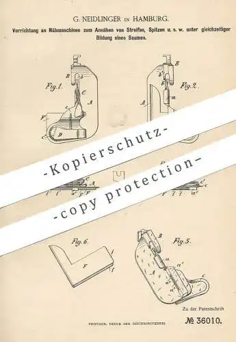 original Patent - G. Neidlinger , Hamburg , 1885 , Nähmaschine zum Annähen | Nähmaschinen , Schneider , Schneiderei !!