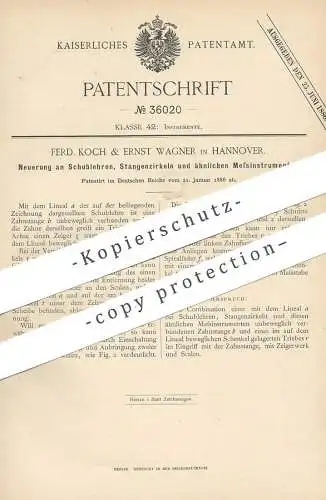 original Patent - Ferd. Koch & Ernst Wagner , Hannover , 1886 , Schublehre , Stangenzirkel , Zirkel , Messlehre , Lineal