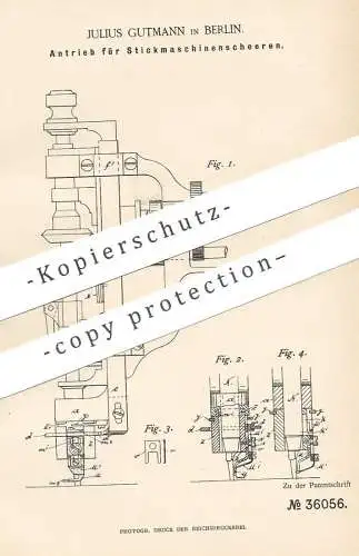 original Patent - Julius Gutmann , Berlin , 1885 , Antrieb f. Strickmaschinenscheren | Strickmaschine Schere Nähmaschine