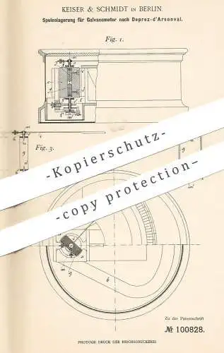 original Patent - Keiser & Schmidt , Berlin , 1898 , Spulenlagerung für Galvanometer nach Deprez d'Arsonval | Batterie !