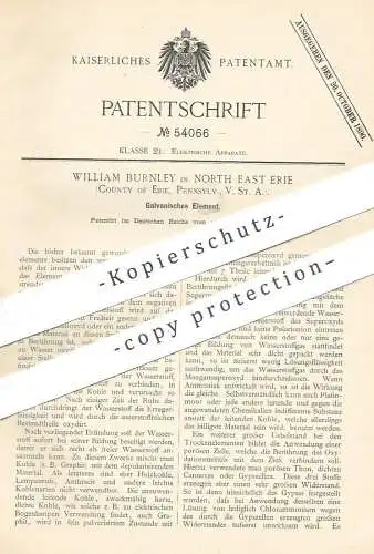 original Patent - William Burnley , North East Erie , Pennsylvania , USA , 1890 , Galvanisches Element | Batterie , Akku