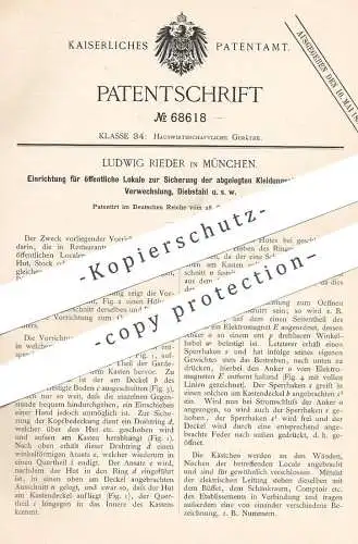 original Patent - Ludwig Rieder , München , 1892 , Schutz der Garderobe vor Diebstahl | Kleiderhaken , Garderoben !!