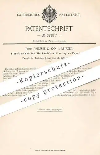 original Patent - Firma Preusse & Co. , Leipzig , 1892 , Blechecken an Schachtel | Pappe , Karton , Blech , Papierfabrik