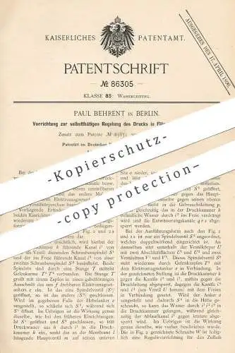 original Patent - Paul Behrent , Berlin , 1894 , Regelung des Drucks in Flüssigkeiten | Wasserdruck , Klempner , Ventil