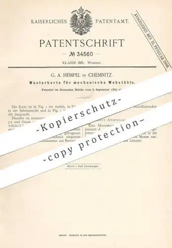 original Patent - G. A. Hempel , Chemnitz , 1885 , Musterkarte für mechanische Webstühle | Webstuhl , Weben , Weberei !