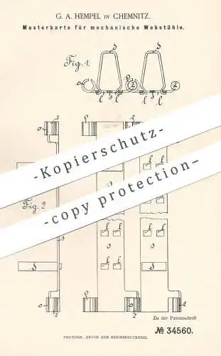 original Patent - G. A. Hempel , Chemnitz , 1885 , Musterkarte für mechanische Webstühle | Webstuhl , Weben , Weberei !