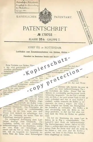 original Patent - Josef Eil , Rotterdam , 1905 , Lasthaken zum Schnüren der Säcke , Kisten , Fass , Fässer | Haken