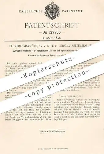 original Patent - Elektrogravüre GmbH , Leipzig / Sellerhausen , 1901 , ausziehbarer Tisch an hydraulischer Präge Presse