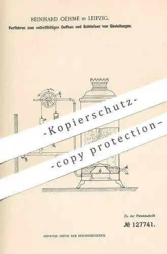 original Patent - Reinhard Oehme , Leipzig , 1900 , Öffnen u. Schließen der Gasleitung | Gas , Leuchtgas , Brenner !!!