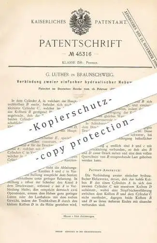 original Patent - G. Luther , Braunschweig , 1888 , Verbindung zweier hydraulischer Hebewerke | Hebezeug , Hydraulik