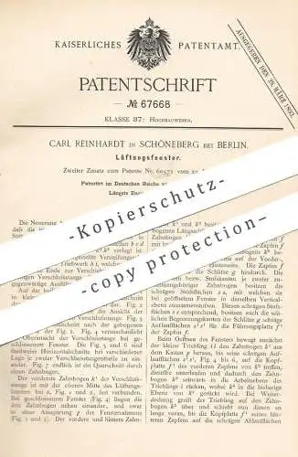 original Patent - Carl Reinhardt , Berlin / Schöneberg , 1892 , Lüftungsfenster | Fenster mit Lüftung | Fensterbauer