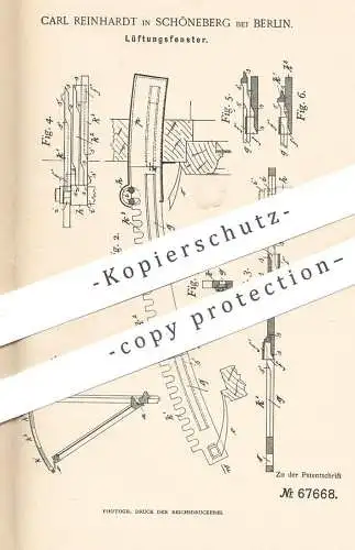 original Patent - Carl Reinhardt , Berlin / Schöneberg , 1892 , Lüftungsfenster | Fenster mit Lüftung | Fensterbauer