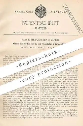 original Patent - E. Th. Foerster , Berlin , 1892 , Mischen von Gas und Flüssigkeiten in Flaschen zum Verkauf !!