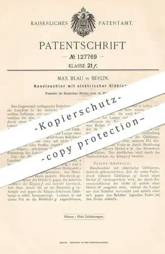 original Patent - Max Blau , Berlin , 1901 , Handleuchter mit elektrischer Glühlampe | Leuchter , Lampe , Laterne !!