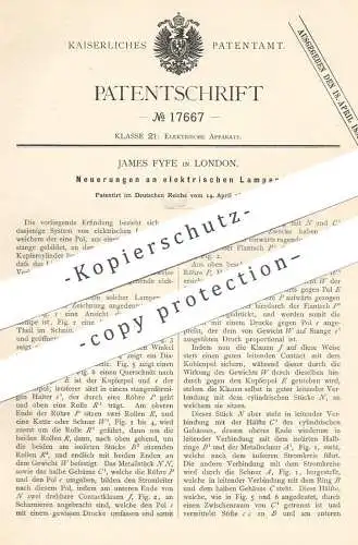 original Patent - James Fyfe , London , England , 1881 , elektrische Lampen | Lampe , Laterne , Licht , Elektriker !!!