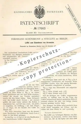 original Patent - Ferdinand Schönbrunn , Berlin / Steglitz , 1881 , Löffel zum Einnehmen von Arznei | Medikament , Arzt