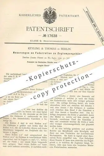 original Patent - Keyling & Thomas , Berlin , 1881 , Federrollen zu Zuglampen | Gaslampe , Gas Lampe | Eisenbahn !!