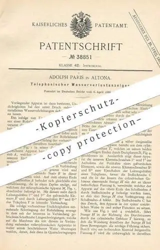 original Patent - Adolph Paris , Hamburg / Altona , 1886 , Telefonischer Wasserverlustanzeiger | Telefon , Telephon !!!