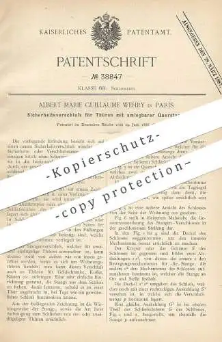 original Patent - Albert Marie Guillaume Wehry , Paris , Frankreich , 1886 , Türschloss | Tür - Schloss | Schlosser