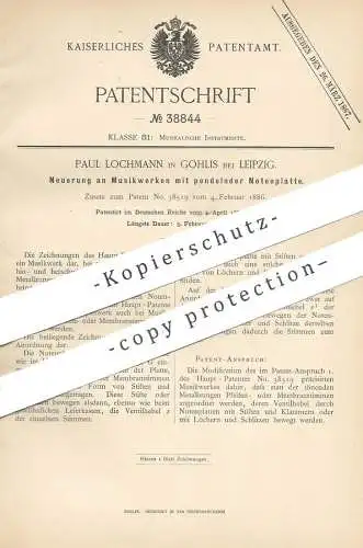 original Patent - Paul Lochmann , Leipzig / Gohlis , 1886 , Musikwerk mit pendelnder Notenplatte | Musikinstrument !!