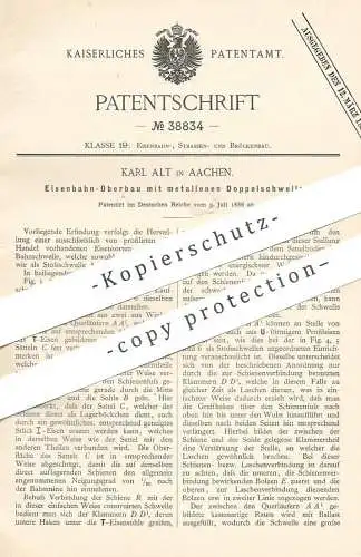 original Patent - Karl Alt , Aachen , 1886 , Eisenbahn - Oberbau mit Doppelschwellen | Schwelle , Straßenbahn , Bahn