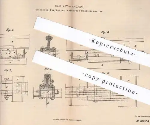 original Patent - Karl Alt , Aachen , 1886 , Eisenbahn - Oberbau mit Doppelschwellen | Schwelle , Straßenbahn , Bahn