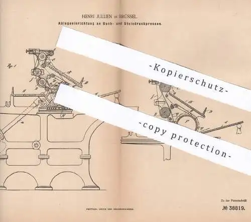 original Patent - Henri Jullien , Brüssel , 1886 | Ablage an Buchdruckpresse , Steindruckpresse | Druck , Presse !!