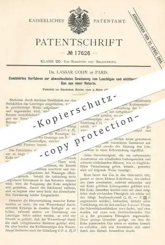 original Patent - Dr. Lassar Cohn , Paris , Frankreich , 1881 , Gewinnung von Leuchtgas u. nichtleuchtendem Gas | Kohle