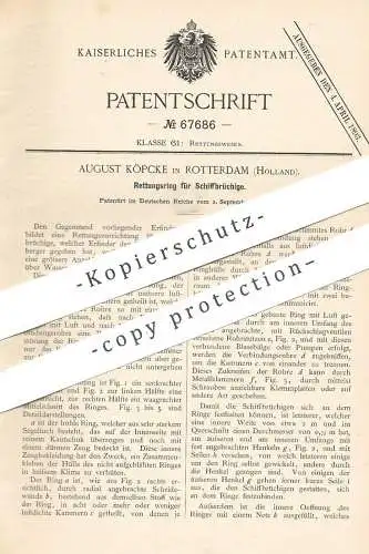 original Patent - August Köpcke , Rotterdam , Holland , 1892 , Rettungsring für Schiffbrüchige | Schwimmring | Rettung