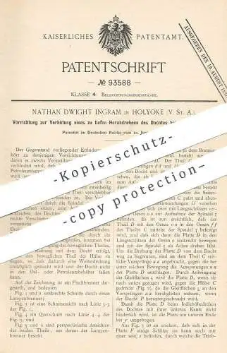 original Patent - Nathan Dwight Ingram , Holyoke , USA , 1896 , Docht an Petroleumlampen | Laterne , Öllampe , Licht  Öl