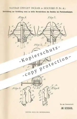 original Patent - Nathan Dwight Ingram , Holyoke , USA , 1896 , Docht an Petroleumlampen | Laterne , Öllampe , Licht  Öl