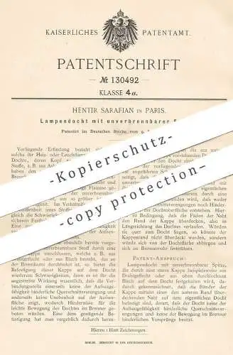 original Patent - Hentir Sarafian , Paris , Frankreich , 1901 , Lampendocht mit unverbrennbarer Spitze  | Lampe , Docht