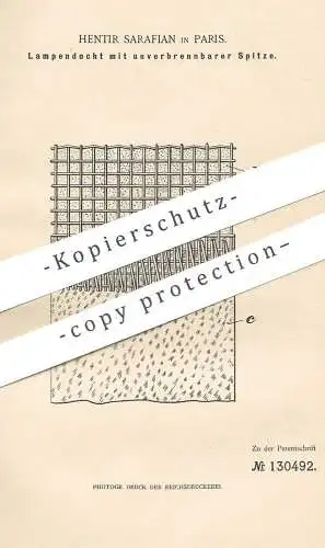 original Patent - Hentir Sarafian , Paris , Frankreich , 1901 , Lampendocht mit unverbrennbarer Spitze  | Lampe , Docht