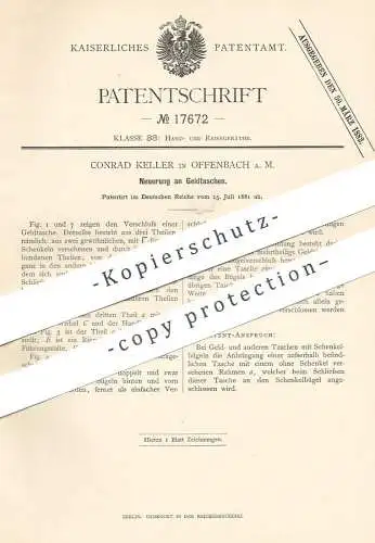 original Patent - Conrad Keller , Offenbach / Main , 1881 , Geldtasche | Geld - Tasche , Brieftasche , Handtasche !!