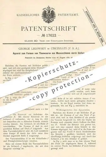 original Patent - George Ligowsky , Cincinnati , USA , 1881 , Formen von Tonwaren aus Masseschlamm durch Gießen | Ton !