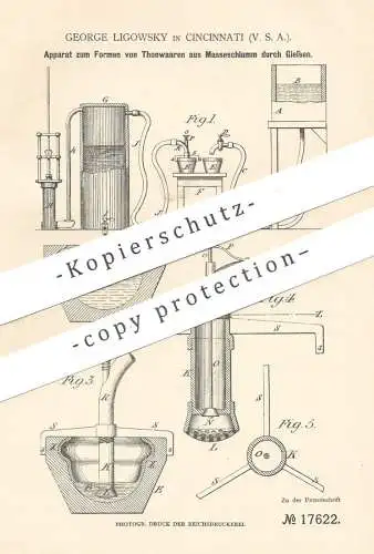 original Patent - George Ligowsky , Cincinnati , USA , 1881 , Formen von Tonwaren aus Masseschlamm durch Gießen | Ton !