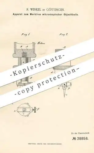 original Patent - R. Winkel , Göttingen , 1886 , Markieren mikroskopischer Objektteile | Mikroskop , Lupe , Linse !!