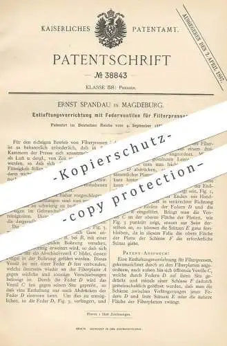 original Patent - Ernst Spandau , Magdeburg , 1886 , Entluftung für Filterpresse | Filter , Presse , Pressen | Ventil !!