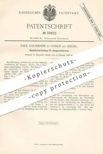 original Patent - Paul Lochmann , Leipzig / Gohlis , 1886 , Dämpfervorrichtung für Zungenspielwerk | Musikinstrument !